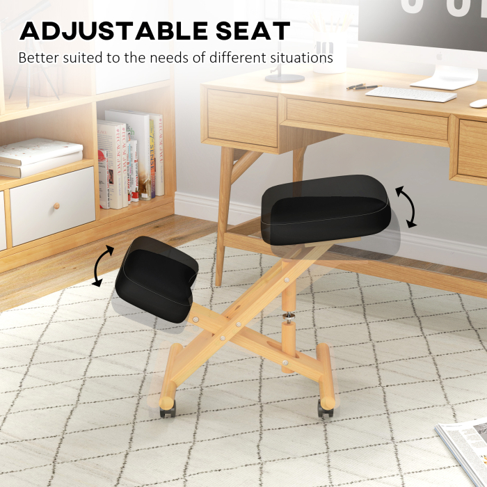  Scaun Ergonomic pentru Genunchi cu inaltime Reglabila din Lemn cu Rotile, 42x70x42-52 cm, Negru [7]
