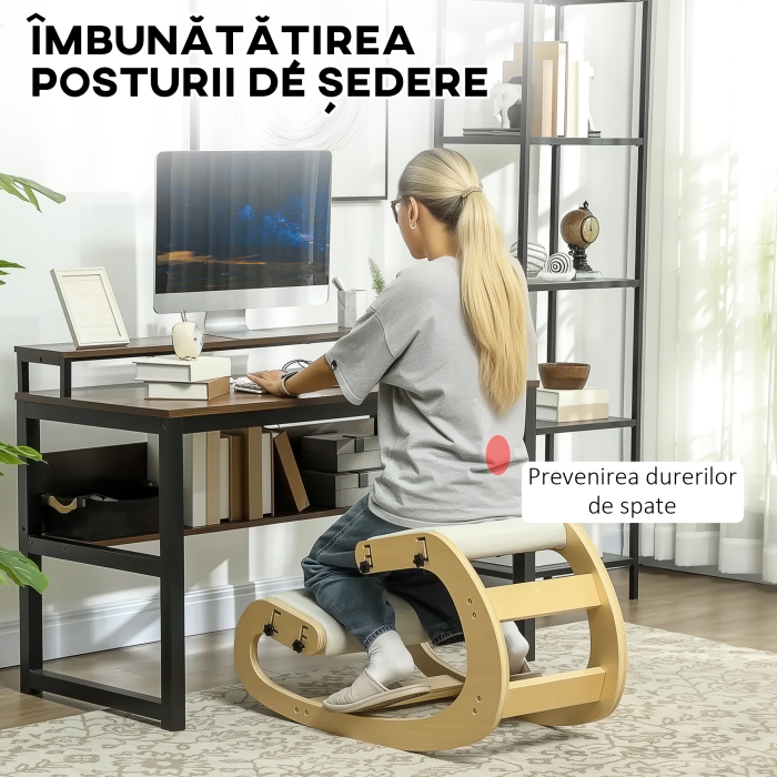  Scaun ergonomic reglabil in 6 pozitii, din material textil cu efect de in si lemn de mesteacan, 55x85x55 cm, crem [4]