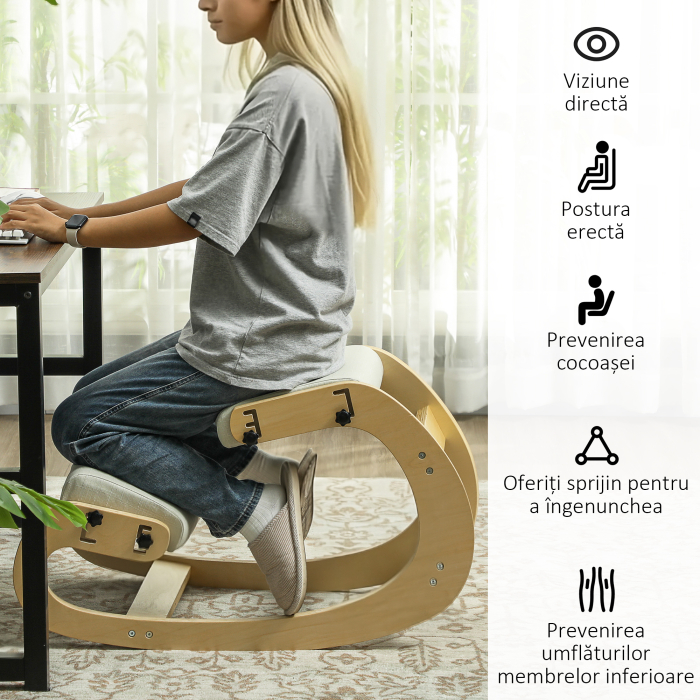  Scaun ergonomic reglabil in 6 pozitii, din material textil cu efect de in si lemn de mesteacan, 55x85x55 cm, crem [6]