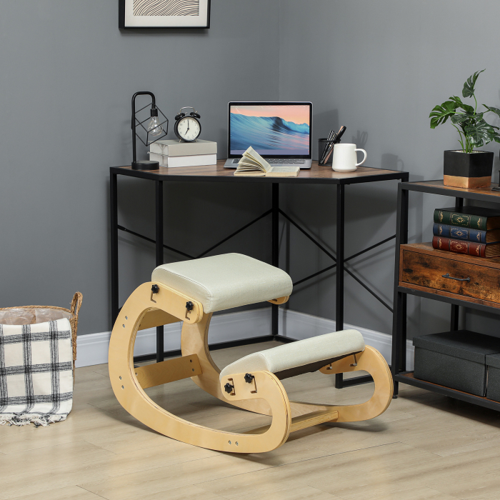  Scaun ergonomic reglabil in 6 pozitii, din material textil cu efect de in si lemn de mesteacan, 55x85x55 cm, crem [2]