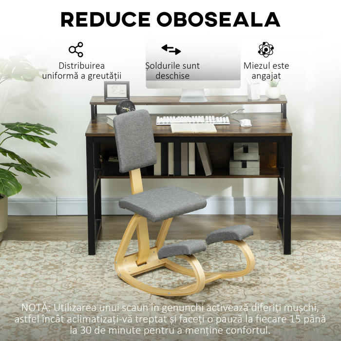  Scaun ergonomic tip genunchier balansant, din material textil cu efect de in si lemn de mesteacan, 51x84x93 cm, gri [6]