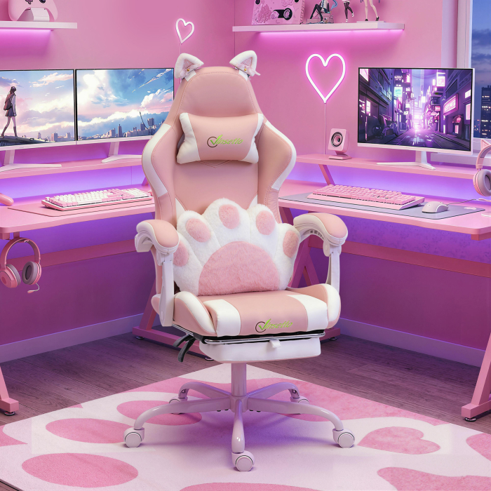  Scaun Gaming Ergonomic cu Urechi de Pisica, Fotoliu Gaming Birou Reclinabil din Piele Eco cu Suport pentru Picioare, Tetiera si inaltime Reglabila, Suport Lombar si Cervical, Roz [2]