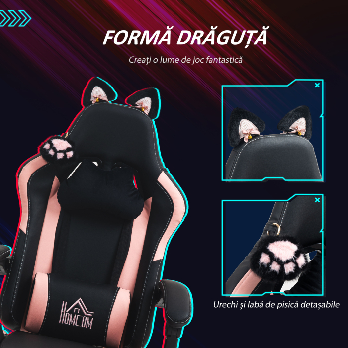  Scaun Gaming Ergonomic cu Urechi de Pisica, Roz [4]
