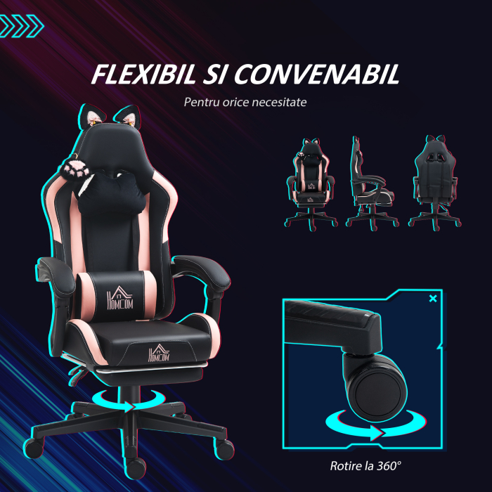  Scaun Gaming Ergonomic cu Urechi de Pisica, Roz [7]
