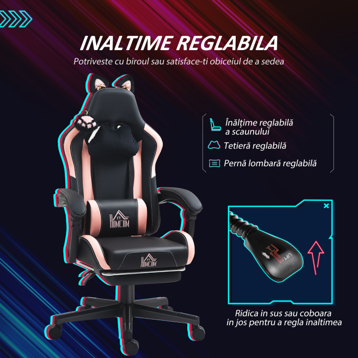  Scaun Gaming Ergonomic cu Urechi de Pisica, Roz [5]