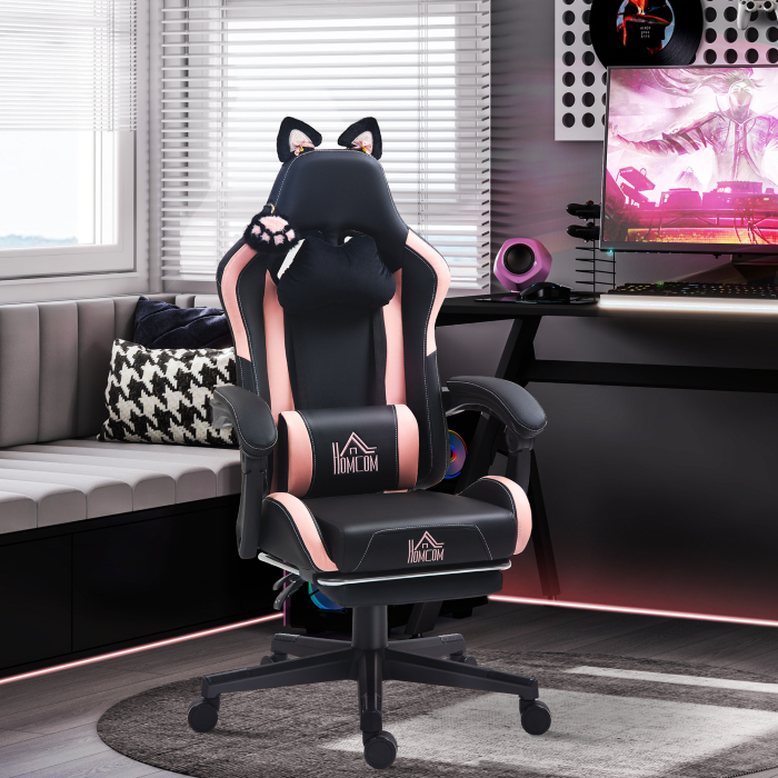  Scaun Gaming Ergonomic cu Urechi de Pisica, Roz [2]