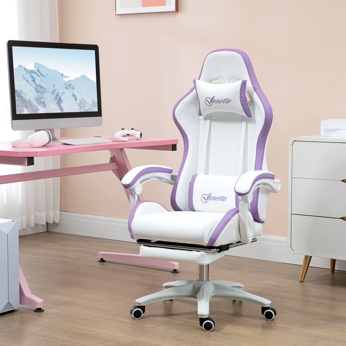  Scaun Gaming Reglabil pe inaltime cu Tetiera, Alb si Mov [2]