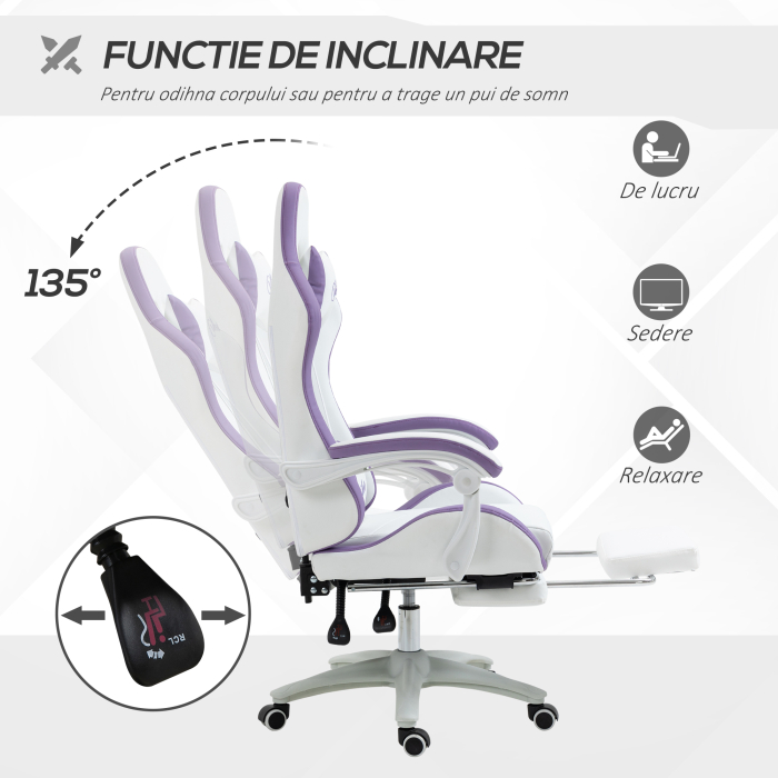  Scaun Gaming Reglabil pe inaltime cu Tetiera, Alb si Mov [5]