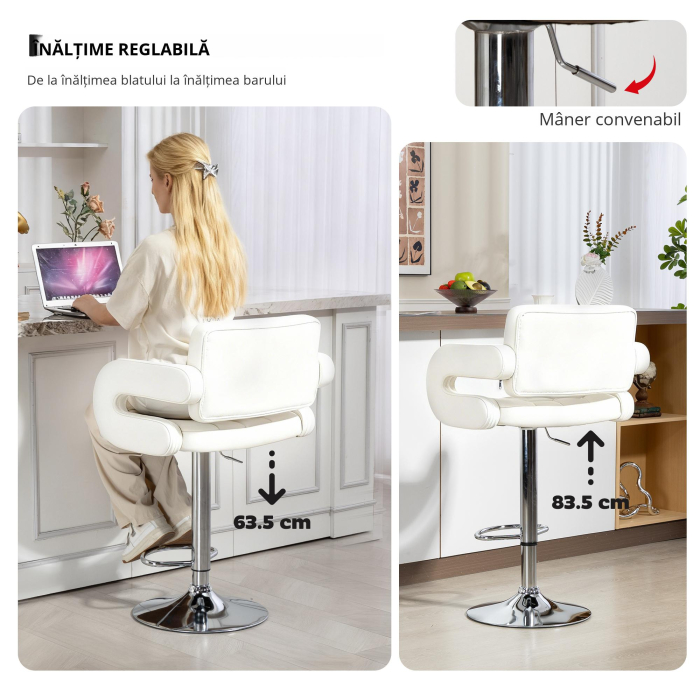  Scaun inalt de bar cu Spatar si Brate, Reglabil, Rotativ [4]