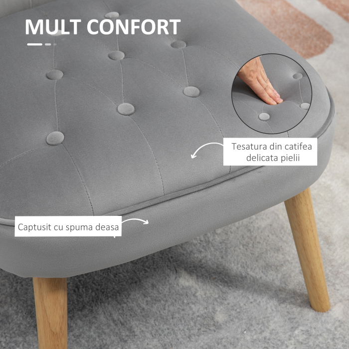  Scaun modern de accent capitonat, fotoliu de catifea pentru dormitor cu picioare din lemn, gri [4]