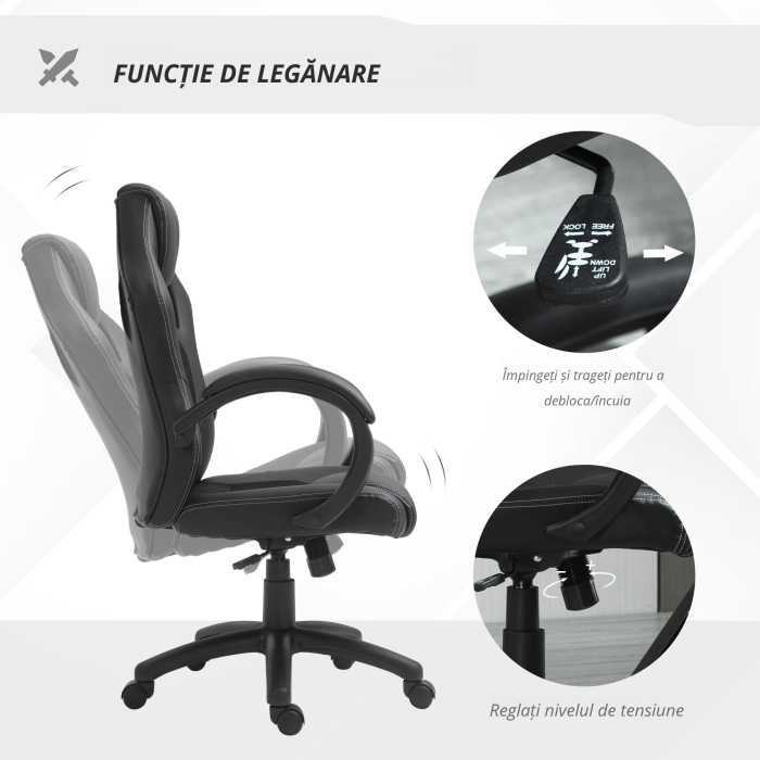  Scaun pentru birou,cu roti rotative la 360°, scaun gaming, inaltimea reglabila, Negru [6]