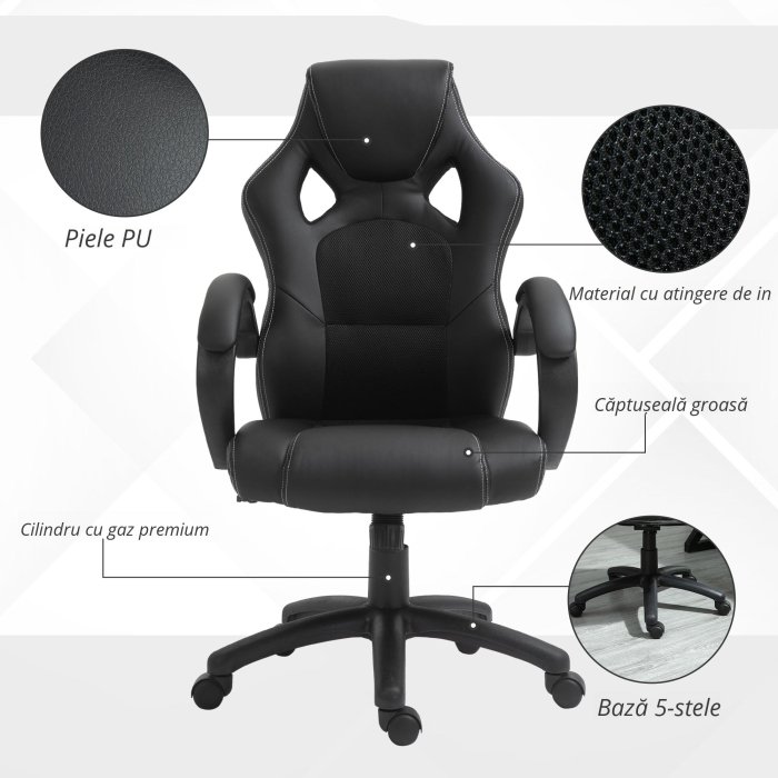  Scaun pentru birou,cu roti rotative la 360°, scaun gaming, inaltimea reglabila, Negru [4]