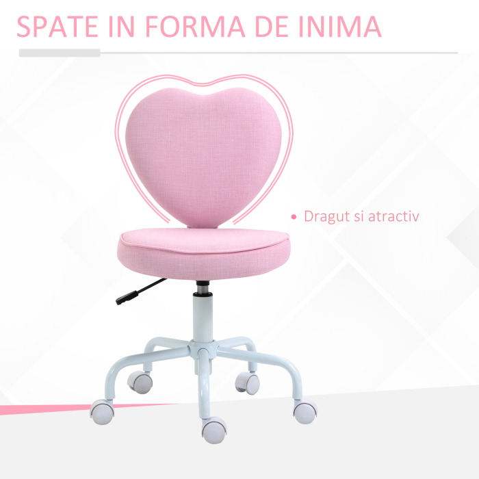  Scaun pentru Birou in Forma de Inima cu 5 Roti si inaltime Reglabila din Material Textil Roz, 42x50x79-89cm [5]