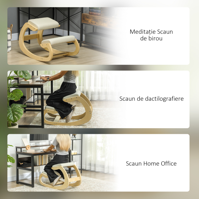  Scaun pentru Genunchi cu Miscare de Leganare, Scaun Ergonomic Postural din Material Textil, 55x85x55 cm, Alb Crem [7]