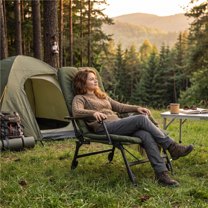 Scaun pliabil premium pentru pescuit sau camping, reglabil in 5 pozitii, picioare reglabile pe inaltime, 71x57x90 cm, 140 kg, verde inchis [4]