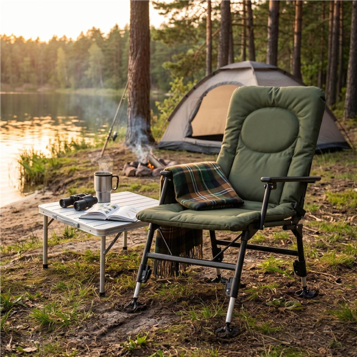Scaun pliabil premium pentru pescuit sau camping, reglabil in 5 pozitii, picioare reglabile pe inaltime, 71x57x90 cm, 140 kg, verde inchis [19]