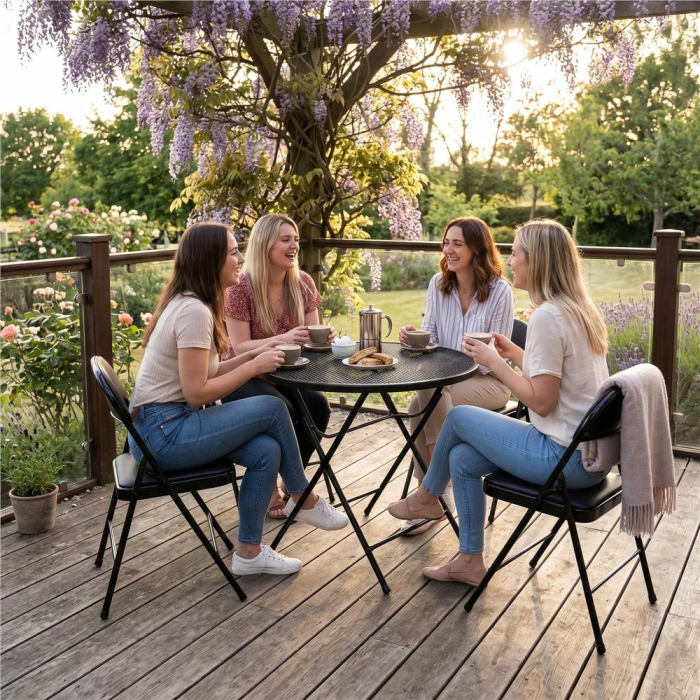 Scaun pliabil tapitat cu spatar, utilizare interior sau exterior, cadru metalic, 40x42x76 cm, maxim 120 kg, negru [22]