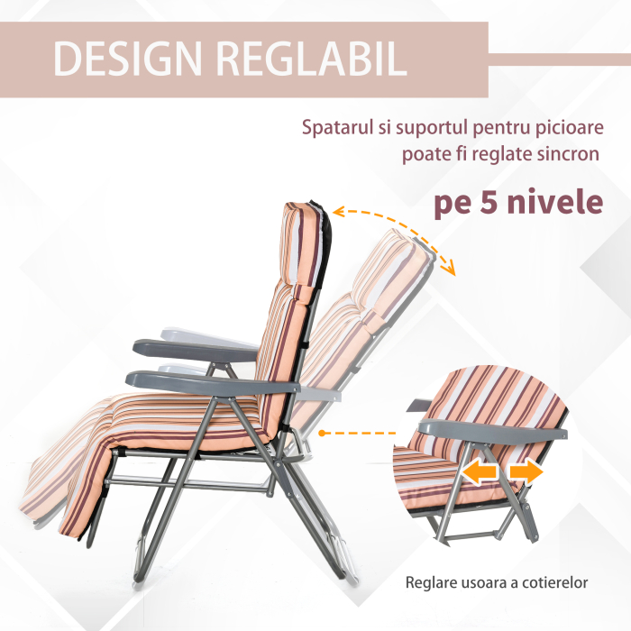  Scaun Rabatabil pentru Exterior 2 Piese Pliabile si Rabatabile, Sezlong Plaja cu Perna Captusita, Portocaliu [4]