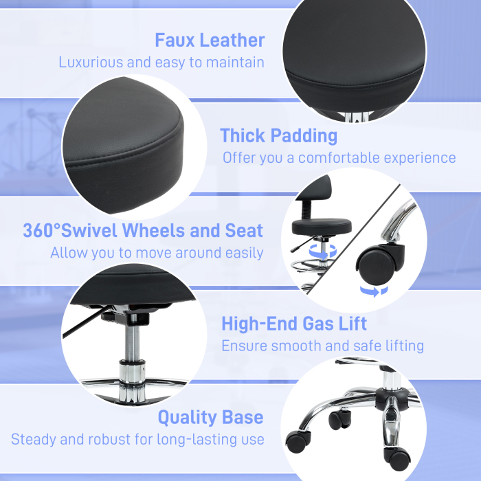  Scaun rotativ cu inaltime reglabila si suport pentru picioare, din otel, piele ecologica si spuma, 52x52x78-92 cm, negru [5]