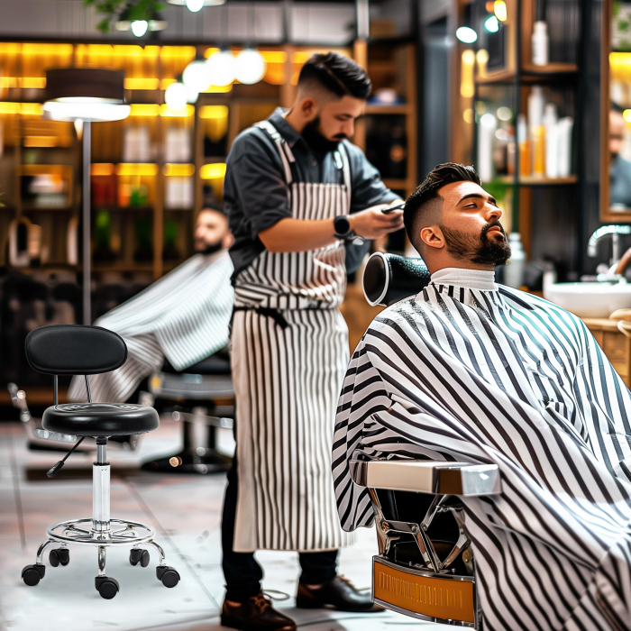  Scaun Rotativ Reglabil la 360°, Scaun Estetician cu Spatar, Roti si Suport pentru Picioare, din Otel, Piele Sintetica, 32x40x70-86 cm, Negru [9]