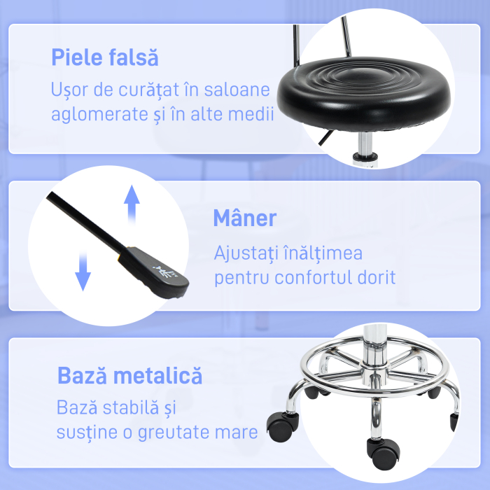  Scaun Rotativ Reglabil la 360°, Scaun Estetician cu Spatar, Roti si Suport pentru Picioare, din Otel, Piele Sintetica, 32x40x70-86 cm, Negru [6]