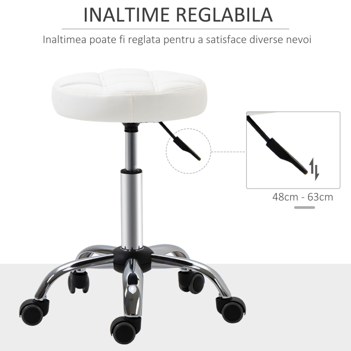  Scaun Rotativ Rotund cu Roti, inaltime Reglabila si Tapiterie din Piele Ecologica, Alb [4]