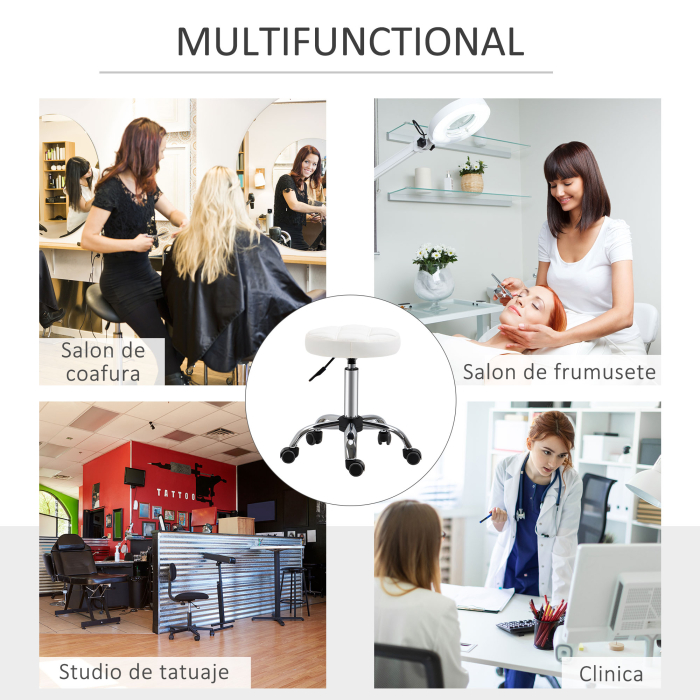  Scaun Rotativ Rotund cu Roti, inaltime Reglabila si Tapiterie din Piele Ecologica, Alb [7]