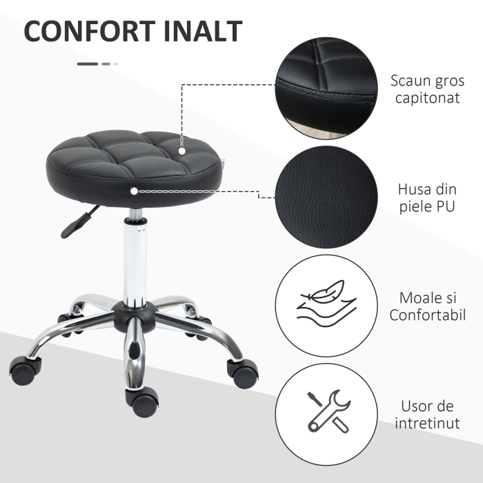  Scaun Rotativ Rotund cu Roti, inaltime Reglabila si Tapiterie din Piele Ecologica, Negru [5]