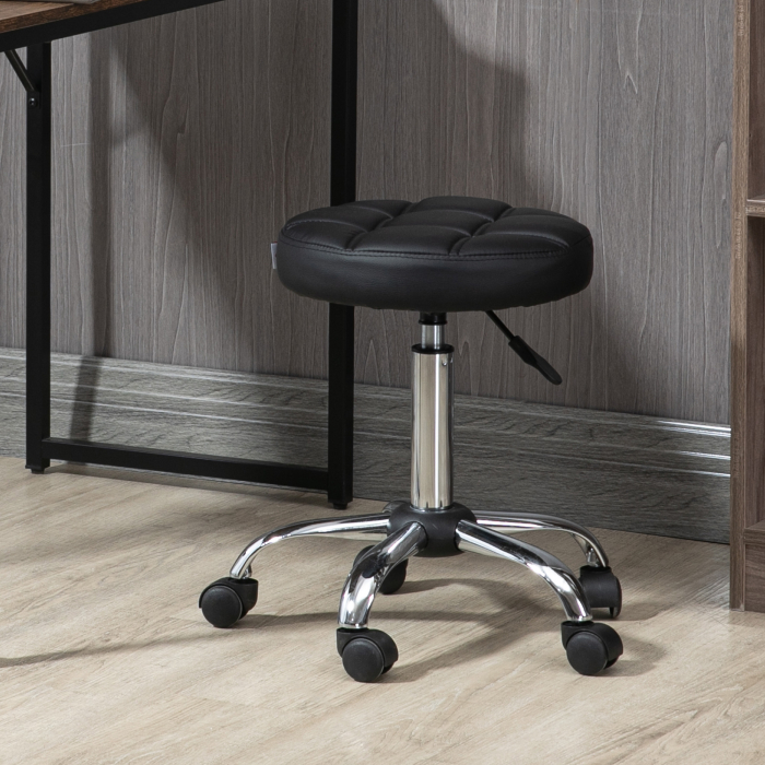  Scaun Rotativ Rotund cu Roti, inaltime Reglabila si Tapiterie din Piele Ecologica, Negru [2]