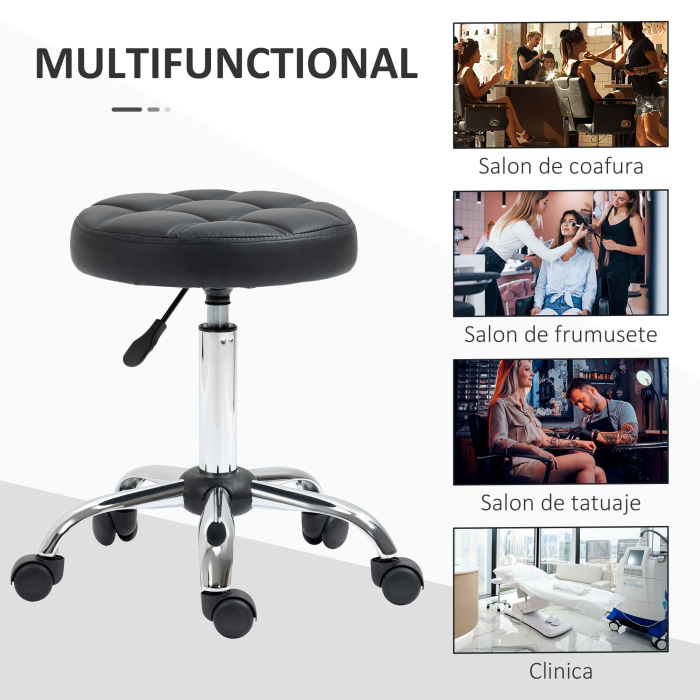  Scaun Rotativ Rotund cu Roti, inaltime Reglabila si Tapiterie din Piele Ecologica, Negru [7]