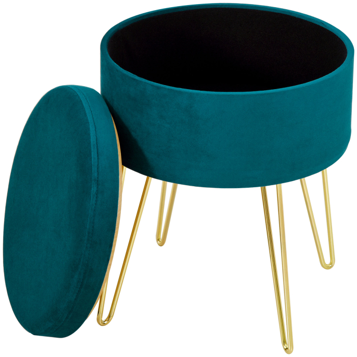  Scaun Rotund cu Compartiment de Depozitare din Catifea Verde si Auriu 36x36x45cm [4]