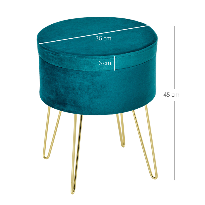  Scaun Rotund cu Compartiment de Depozitare din Catifea Verde si Auriu 36x36x45cm [3]