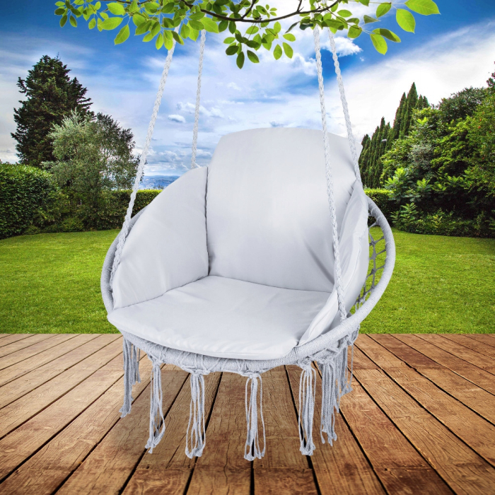 Scaun rotund Sersimo tip leagan suspendat cu perna Confort casa sau gradina, gri [3]