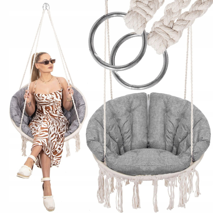 Scaun rotund Sersimo tip leagan suspendat cu perna Confort Plus casa sau gradina, bej [8]