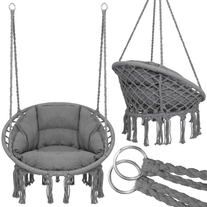 Scaun rotund Sersimo tip leagan suspendat cu perna Confort Plus casa sau gradina, gri inchis [10]