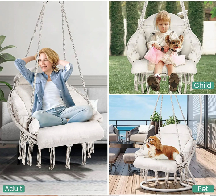 Scaun rotund tip leagan suspendat cu perna, stil boho ciucuri, franghie impletita, max 120 kg, L60 cm, bej [3]