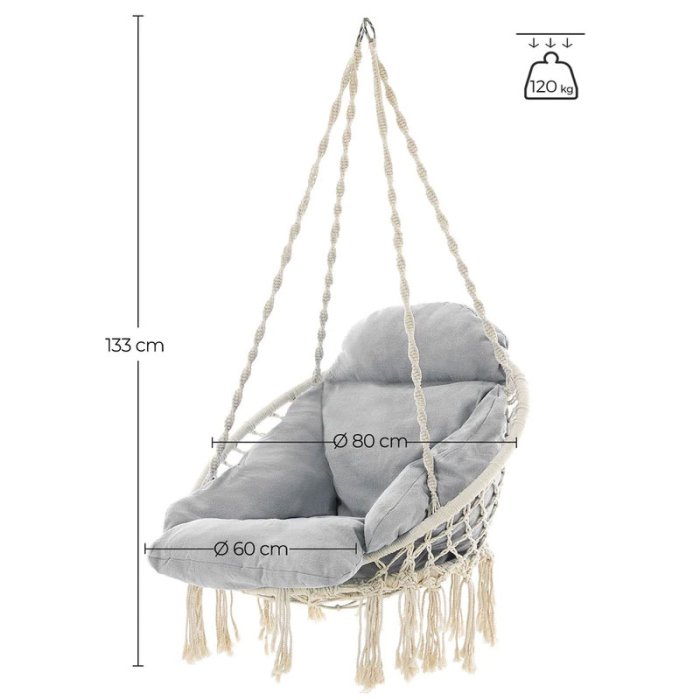 Scaun rotund tip leagan suspendat cu perna, stil boho ciucuri, franghie impletita, max 120 kg, L60 cm, bej [4]
