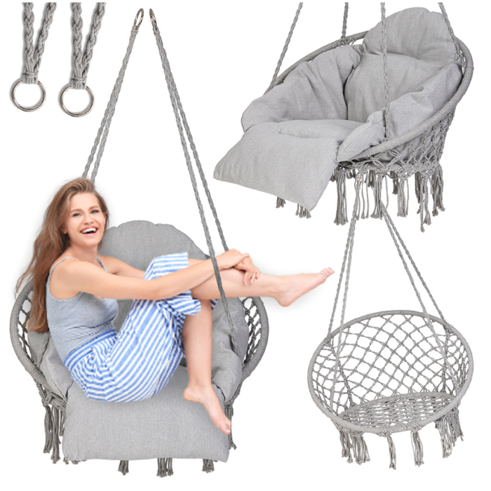 Scaun rotund tip leagan suspendat cu perna Confort Plus, casa sau gradina, gri [14]