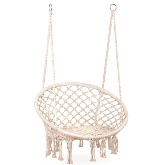 Scaun rotund tip leagan suspendat pentru casa sau gradina, cu franjuri, 150kg, crem [1]