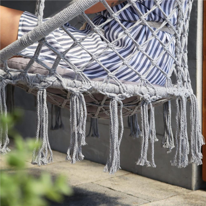 Scaun rotund tip leagan suspendat pentru casa sau gradina, cu franjuri, 150kg, gri [6]