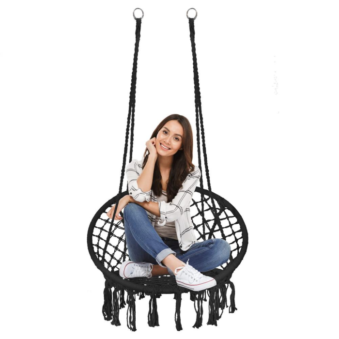 Scaun rotund tip leagan suspendat pentru casa sau gradina, cu franjuri, 150kg, negru [7]