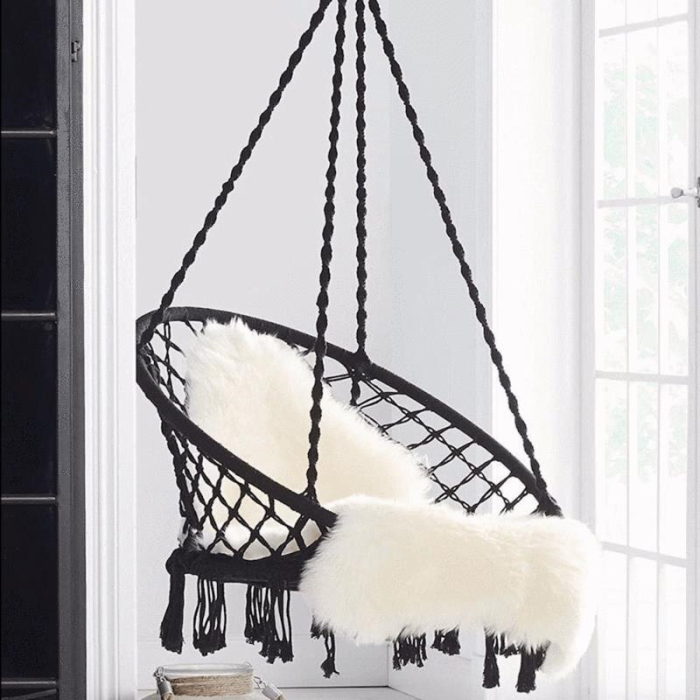 Scaun rotund tip leagan suspendat pentru casa sau gradina, cu franjuri, 150kg, negru [2]