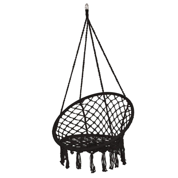 Scaun rotund tip leagan suspendat pentru casa sau gradina, cu franjuri, 150kg, negru [9]