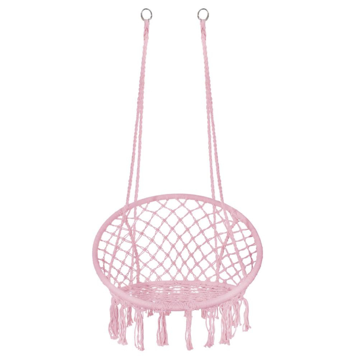 Scaun rotund tip leagan suspendat pentru casa sau gradina SPR42, cu franjuri, 150kg, roz [15]