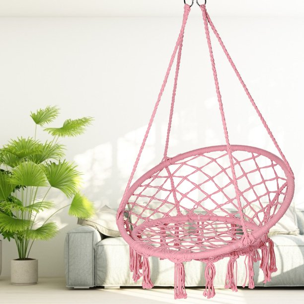 Scaun rotund tip leagan suspendat pentru casa sau gradina SPR42, cu franjuri, 150kg, roz [2]