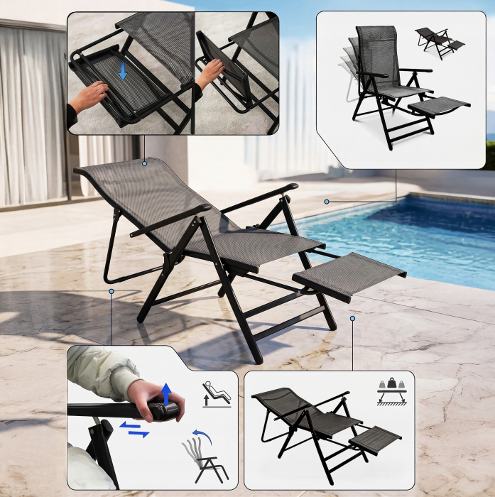 Scaun si sezlong pliabil 2 in 1 pentru gradina, cu suport pentru picioare, reglabil in 5 pozitii, 53x70x107 cm, gri [11]