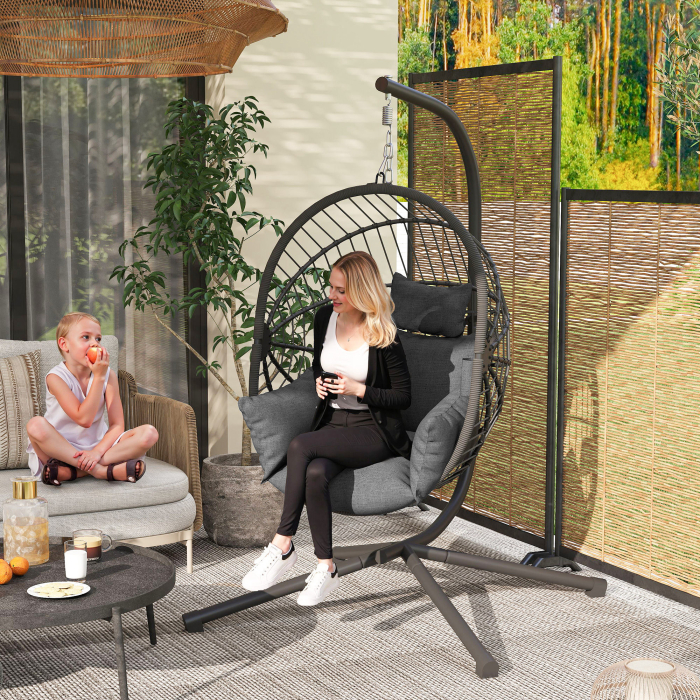  Scaun Suspendat de Exterior, cu Perna, Tip Ou, 120 cm x 106 cm x 188 cm, Gri [2]