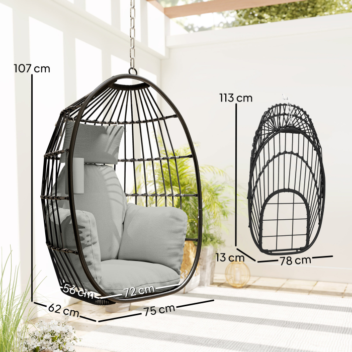  Scaun Suspendat in Forma de Ou cu Agatatoare, Perna Moale, Tetiera, Suport pentru Pahare, Scaun Pliabil de Gradina din Otel, pentru Interior si Exterior, 75x62x107 cm, Gri [3]