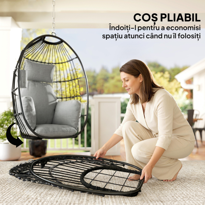  Scaun Suspendat in Forma de Ou cu Agatatoare, Perna Moale, Tetiera, Suport pentru Pahare, Scaun Pliabil de Gradina din Otel, pentru Interior si Exterior, 75x62x107 cm, Gri [5]