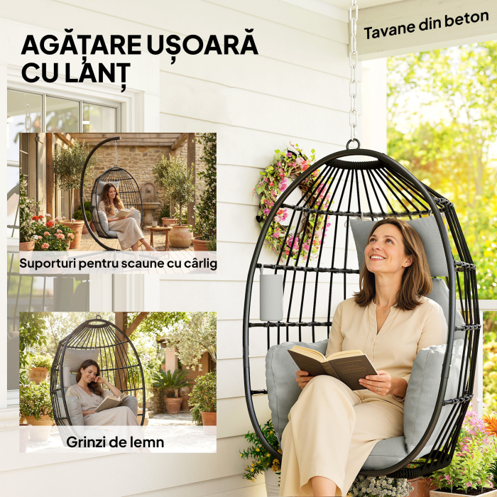  Scaun Suspendat in Forma de Ou cu Agatatoare, Perna Moale, Tetiera, Suport pentru Pahare, Scaun Pliabil de Gradina din Otel, pentru Interior si Exterior, 75x62x107 cm, Gri [8]